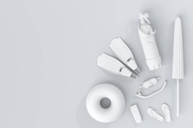 Renkli dalış şeyleri ve şemsiye gibi plaj aksesuarları, parmak arası terlikler ve tek renkli beyaz arka planda şişme yüzük. Yaz tatili konsepti ve tatillerinin 3 boyutlu canlandırması