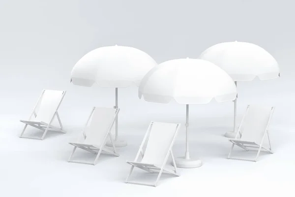 Liegestühle Mit Sonnenschirmen Und Strandball Auf Monochromen Weißen Hintergrund Darstellung — Stockfoto