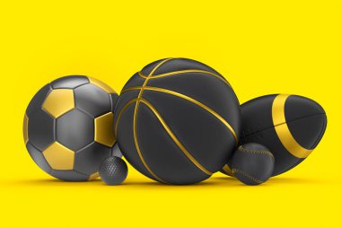 Basketbol, Amerikan futbolu ve golf gibi siyah ve altın toplar mavi arka planda izole edilmiş. Takım oyunları için 3 boyutlu spor aksesuarları hazırlama