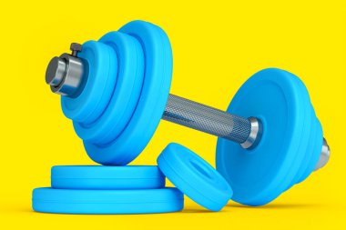 Sarı arka planda mavi diskleri olan metal halterler. Spor malzemelerinin fitness ve powerlift için 3D yorumlaması