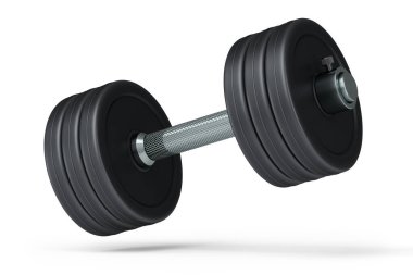 Beyaz arka planda siyah diskleri olan metal halterler. Spor malzemelerinin fitness ve powerlift için 3D yorumlaması