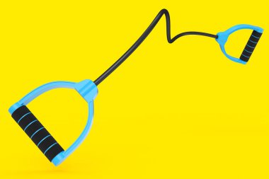 Sarı arka planda kauçuk saplı el genişletme bandı veya direnç bandı var. Spor malzemelerinin fitness, trx ve powerlift için 3d yorumlanması