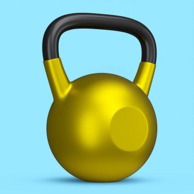 Spor için ağır spor salonu altın çaydanlığı mavi arka planda izole edilmiş. Spor malzemelerinin fitness ve powerlift için 3D yorumlaması