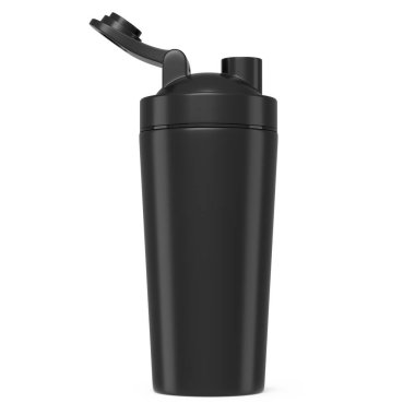 Beyaz arka planda izole edilmiş protein içeceği için siyah plastik karıştırıcı. Spor gıda kokteyl kabının 3 boyutlu sunucusu