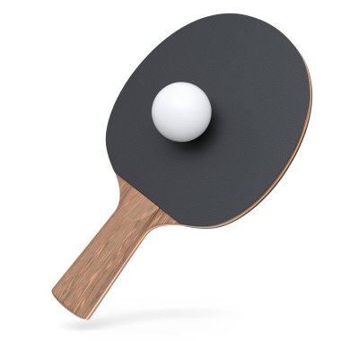 Masa tenisi için siyah masa tenisi raketi ve beyaz arka planda izole edilmiş top. Aktif eğitim için 3D spor ekipmanı hazırlama