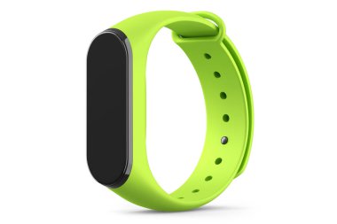 Yeşil fitness takip cihazı ya da kalp atış hızı monitörü olan akıllı saat beyaz arka planda izole edilmiş. Etkin eğitim ve giyilebilir aygıt için 3D spor ekipmanı hazırlama.