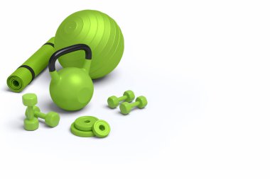 Yoga minderi, kettlebell, dambıl ve beyaz arka planda top gibi spor ekipmanlarına farklı bir bakış açısı. Güç kaldırma ve zindelik kavramının 3 boyutlu canlandırması