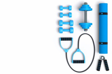 Yoga minderi, dambıl gibi spor malzemelerinin üst görüntüsü ve beyaz arka planda genişletici. Güç kaldırma ve zindelik kavramının 3 boyutlu canlandırması