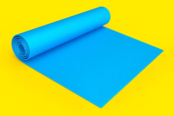 蓝色瑜伽垫或轻质泡沫露营床胶垫隔离在黄色背景 3D提供用于健身 瑜伽和积极锻炼的体育设备 — 图库照片