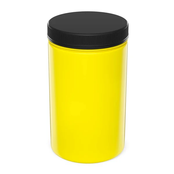 スポーツ栄養ホエイタンパク質のための黄色のプラスチック瓶と白い背景に隔離された粉末を得る クロスフィットワークアウト Trxとパワーリフティングワークアウトのためのスポーツサプリメントの3Dレンダリング — ストック写真
