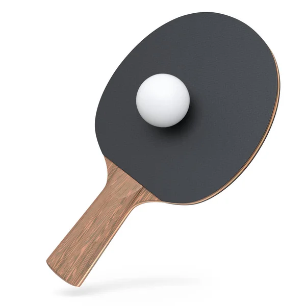 乒乓球用黑乒乓球球拍 球在白色背景上隔绝 3D为现役训练提供体育装备 — 图库照片