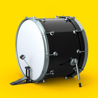Sarı arka planda pedalı olan gerçekçi bir davul. 3D render müzik aleti, davul makinesi konsepti.