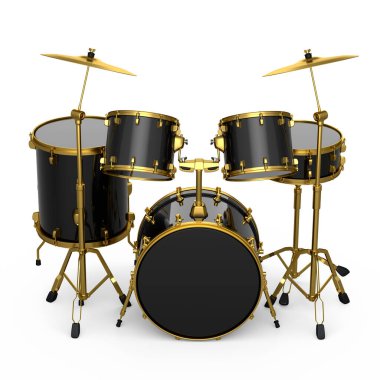 Beyaz arka planda metal zilleri olan gerçekçi davullar. 3D render müzik perküsyon enstrümanı, davul makinesi ve bateri seti