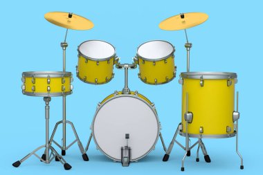 Mavi arka planda metal zilleri olan gerçekçi davullar. 3D render müzik perküsyon enstrümanı, davul makinesi ve bateri seti