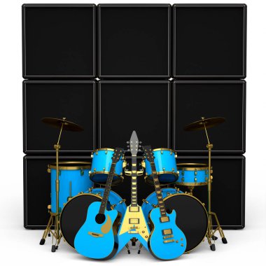 Metal zilli, bateri seti, amplifikatör ve akustik gitarlı gerçekçi davullar. 3D render müzik perküsyon enstrümanı, davul makinesi ve bateri seti