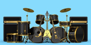 Set of realistic drums with metal cymbals or drumset, amplifier and acoustic guitars on blue background. 3d render concept of musical percussion instrument, drum machine and drumset