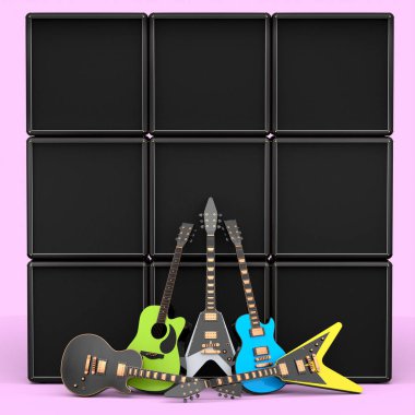 Pembe arka planda elektrikli akustik gitar ve amplifikatör seti. Müzik dükkanı için heavy metal gitarlı 3D rock festivali posteri.