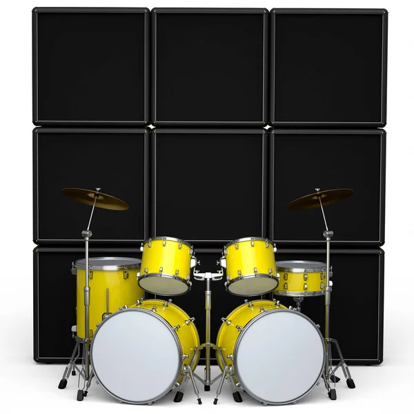 Set of realistic drums with metal cymbals or drumset and amplifier on white background. 3d render concept of musical percussion instrument, drum machine and drumset