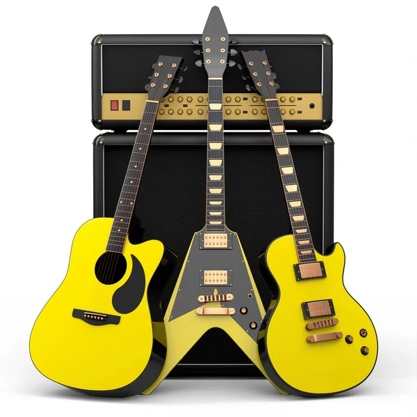 Beyaz arka planda elektrikli akustik gitar ve yükseltici seti. Müzik dükkanı için heavy metal gitarlı 3D rock festivali posteri.
