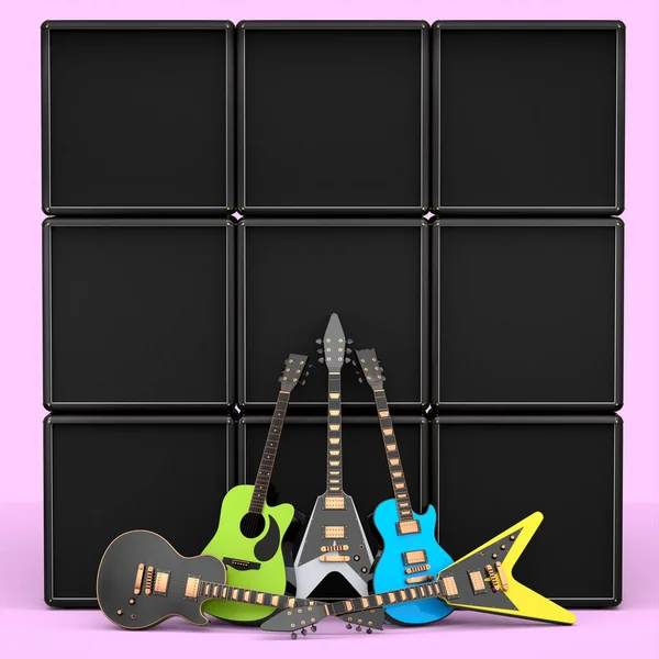 Set of electric acoustic guitar and amplifier on pink background. 3d render of concept for rock festival poster with heavy metal guitar for music shop