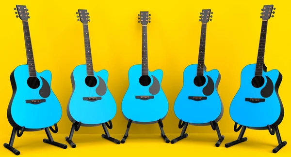 Conjunto Guitarra Acústica Elétrica Isolada Sobre Fundo Amarelo Renderização Conceito — Fotografia de Stock