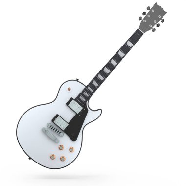 Beyaz arka planda izole edilmiş elektro akustik gitar. Müzik dükkanı için heavy metal gitarlı 3D rock festivali posteri.