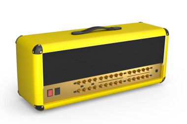 Beyaz zemin üzerinde klasik elektrik ve akustik gitar amplifikatörü izole edildi. Stüdyo veya prova odasında bas gitar kaydetmek için 3D yükseltici