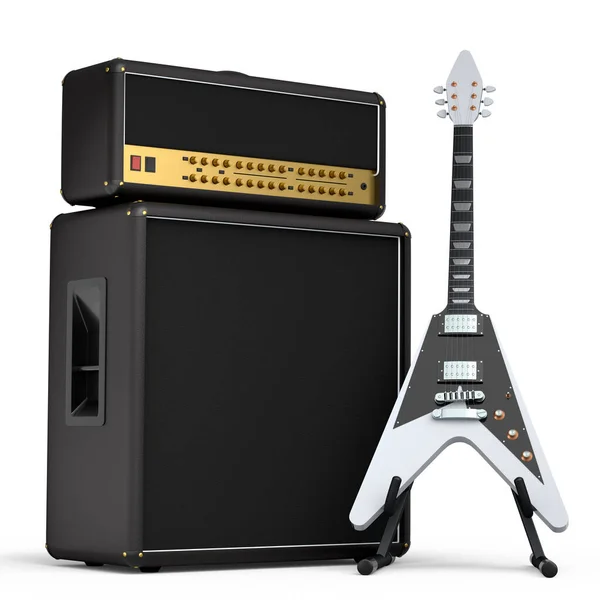 经典放大器 带电吉他或声学吉他 独立于白色背景 录音室或排练室录制低音吉他的放大器3D渲染 摇滚音乐节概念 — 图库照片