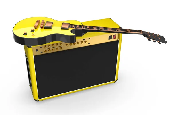 经典放大器 电吉他或声学吉他隔离在白色背景 录音室或排练室录制低音吉他的放大器3D渲染 摇滚音乐节吹奏概念 — 图库照片