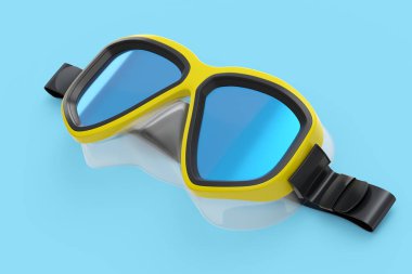 Sarı dalış maskesi mavi arka planda izole edilmiş. 3D dalış ve şnorkelle yüzme ekipmanı