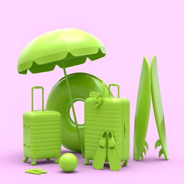 Plaj Şemsiyeli Bavul Tek Renkli Pembe Arka Planda Sörf Tahtası — Stok fotoğraf