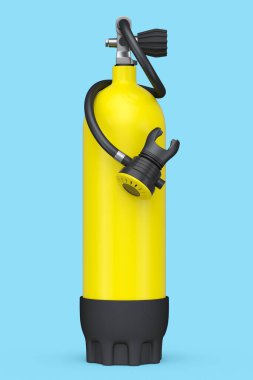 Sarı dalış tankı mavi arka planda izole edilmiş şnorkelle yüzmek için tam oksijen. Yaz tatili için 3D dalış ve spor malzemesi.