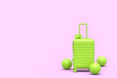 Plaj topu ve tek renkli pembe arka planda parmak arası terlikler olan bavul. Yaz tatili konsepti ve tatillerinin 3 boyutlu canlandırması