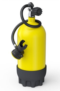 Sarı dalış tankı beyaz arka planda izole edilmiş şnorkelle yüzmek için tam oksijen. Yaz tatili için 3D dalış ve spor malzemesi.