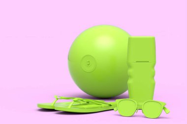 Sahildeki tek renkli pembe arka planda parmak arası terlik, güneş gözlüğü, güneş kremi ve top gibi plaj aksesuarları. Yaz tatili konsepti ve tatillerinin 3 boyutlu canlandırması