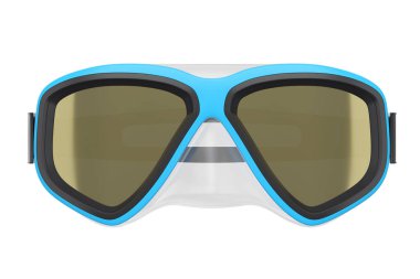 Mavi dalış maskesi beyaz arka planda izole edilmiş. 3D dalış ve şnorkelle yüzme ekipmanı