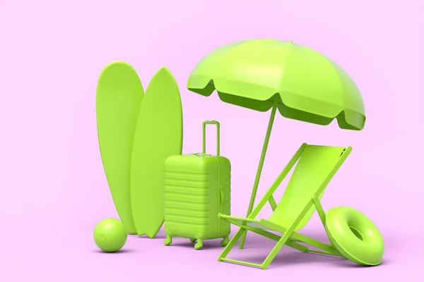 Βαλίτσα Καρέκλα Παραλίας Και Σανίδα Του Σερφ Μονόχρωμο Ροζ Φόντο — Φωτογραφία Αρχείου