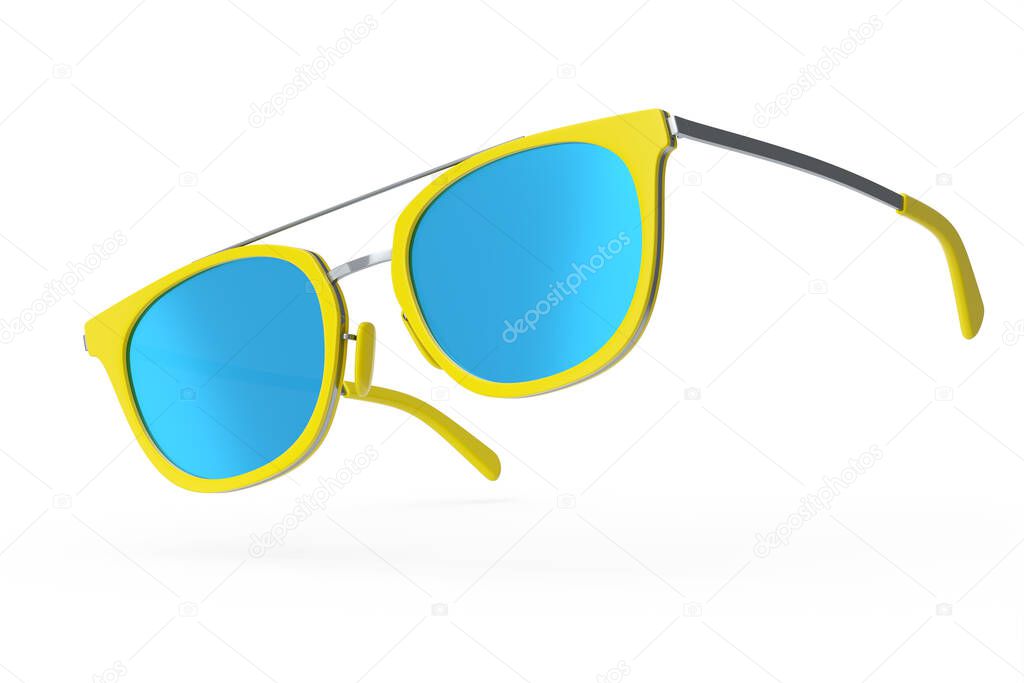 Realistic sunglasess with gradient lens and yellow plastic frame for summertime on white background. 3d render family travel concept and eyes protection on sun