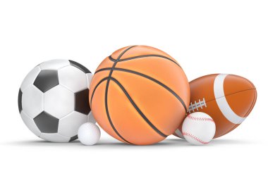 Basketbol, Amerikan futbolu ve golf gibi takımlar beyaz arka planda izole edilmiş. Takım oyunları için 3 boyutlu spor aksesuarları hazırlama