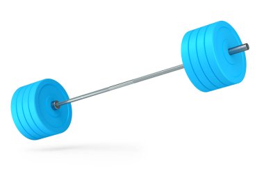Beyaz arka planda mavi diskleri olan soyut metal halterler. Spor malzemelerinin fitness ve powerlift için 3D yorumlaması