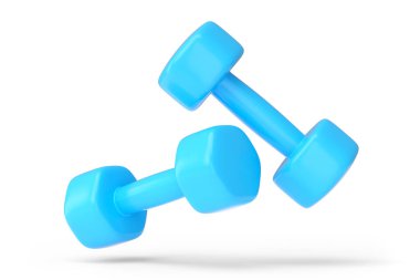 Beyaz arka planda izole edilmiş bir çift kauçuk mavi dambıl. Spor malzemelerinin fitness ve powerlift için 3D yorumlaması
