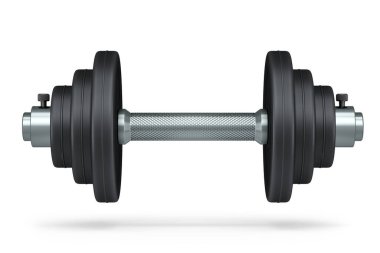 Beyaz arka planda siyah diskleri olan metal halterler. Spor malzemelerinin fitness ve powerlift için 3D yorumlaması
