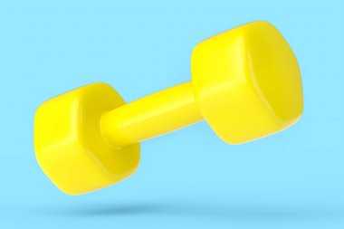 Kauçuk sarısı dambıl mavi arka planda izole edilmiş. Spor malzemelerinin fitness ve powerlift için 3D yorumlaması
