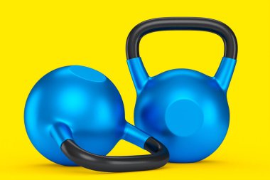 Spor için mavi çaydanlık seti sarı arka planda izole edilmiş. Spor malzemelerinin fitness ve powerlift için 3D yorumlaması