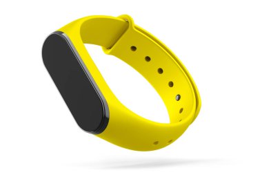 Sarı fitness takip cihazı ya da kalp atış hızı monitörü olan akıllı saat beyaz arka planda izole edilmiş. Etkin eğitim ve giyilebilir aygıt için 3D spor ekipmanı hazırlama.