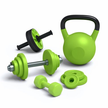 Kettlebell, dambıl ve beyaz arka planda AB silindiri gibi spor aletleri. Güç kaldırma ve zindelik kavramının 3 boyutlu canlandırması
