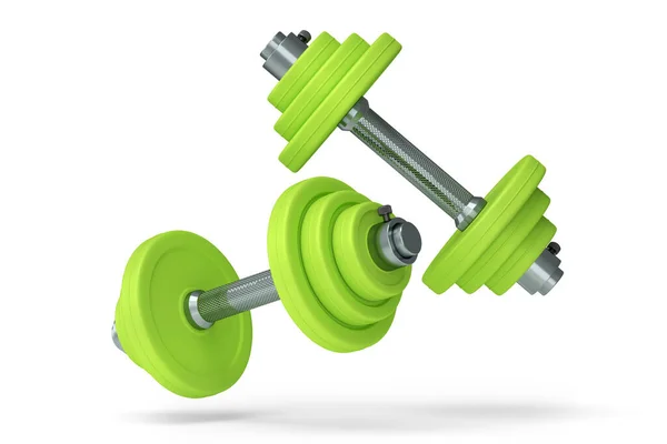 Pair Dumbbells Green Disks Isolated White Background Rendering Sport Equipment — Zdjęcie stockowe