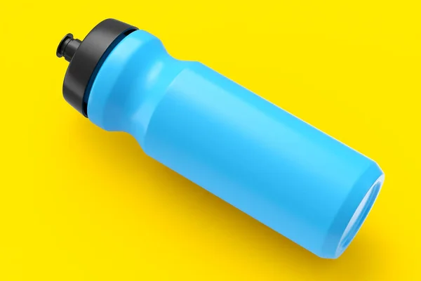 用于蛋白质饮料的蓝色塑料运动振动器 在黄色背景下分离 运动食品鸡尾酒容器三维渲染 — 图库照片