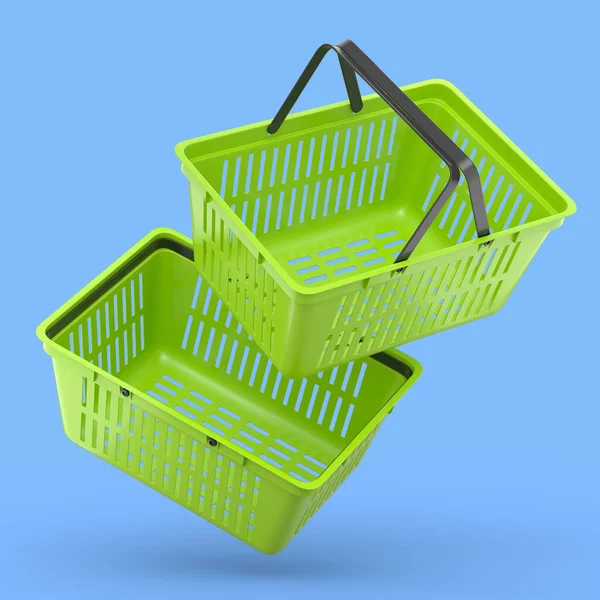 Conjunto Cesta Compra Plástico Del Supermercado Sobre Fondo Azul Concepto —  Fotos de Stock