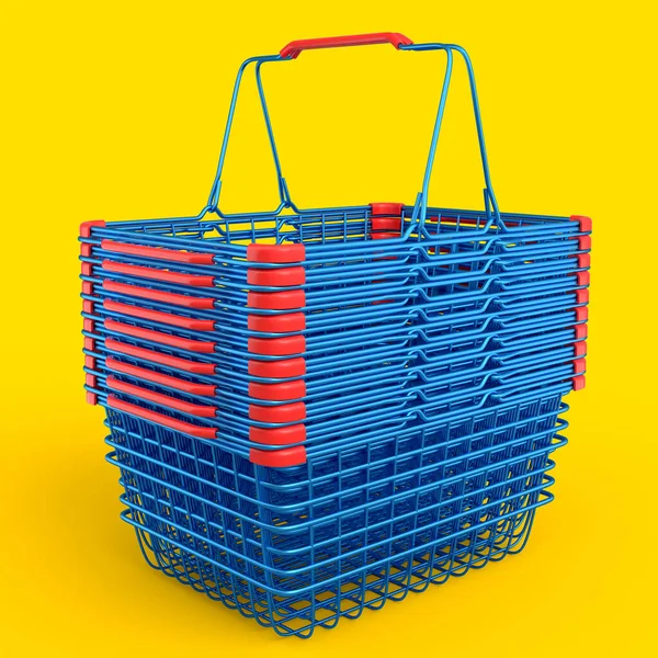 Stack Metalwire Shopping Basket Supermarket Yellow Background Render Concept Online — Zdjęcie stockowe